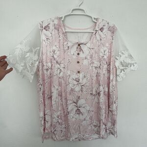 Womens Pink Lacey Floral Plus Size Tunic Top 4X Feminine Dainty Cottage Summer